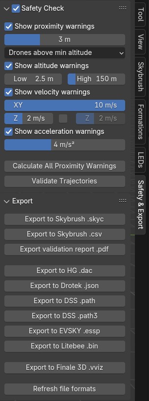 Safety & Export tab